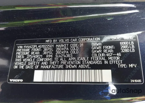 2016 Volvo Xc90 T6 Inscription z USA, uszkodzony, nr VIN YV4A22PL4G1022501